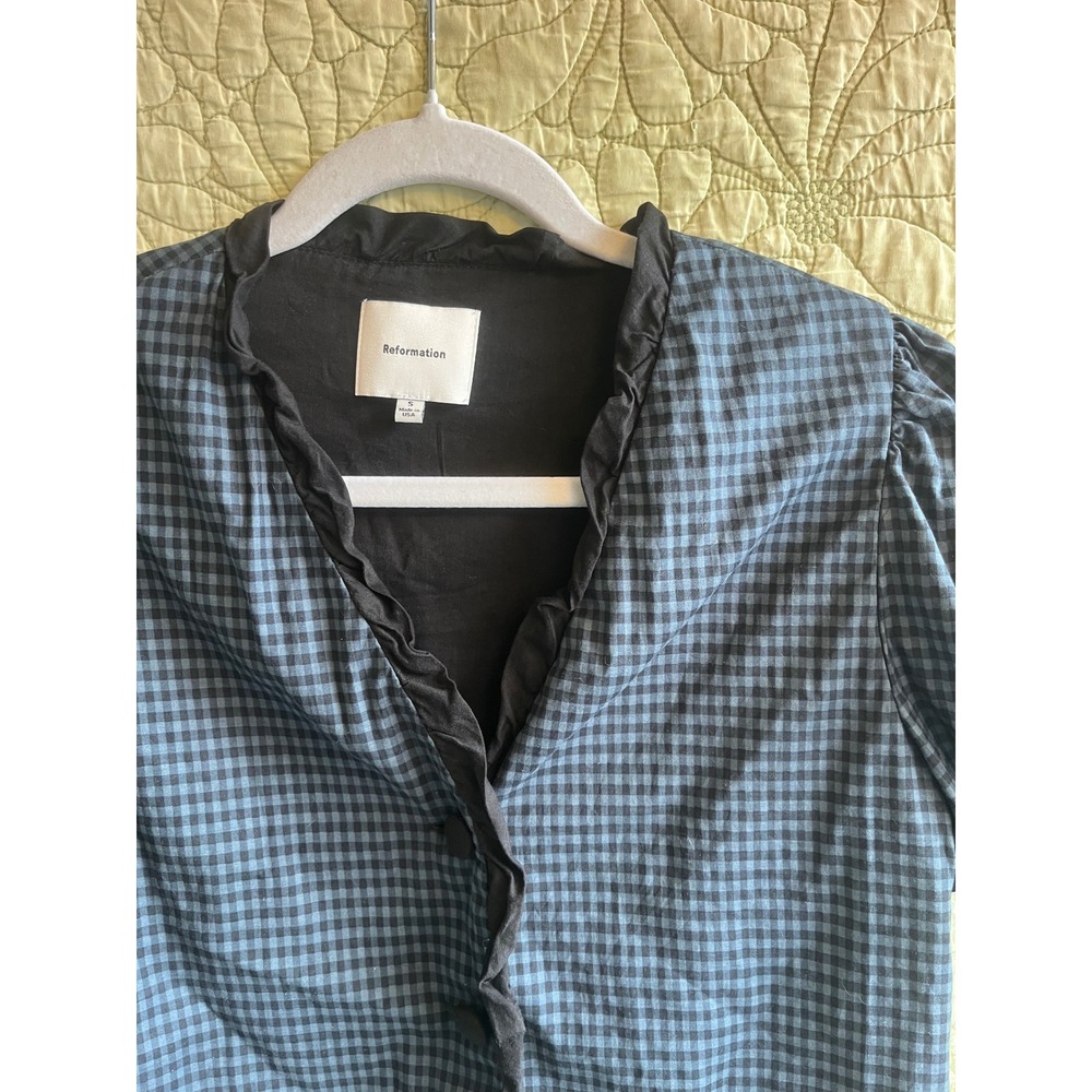 Reformation Bess Linen Top - Gingham Ruffle Puff Sleeve - Picture 7 of 9
